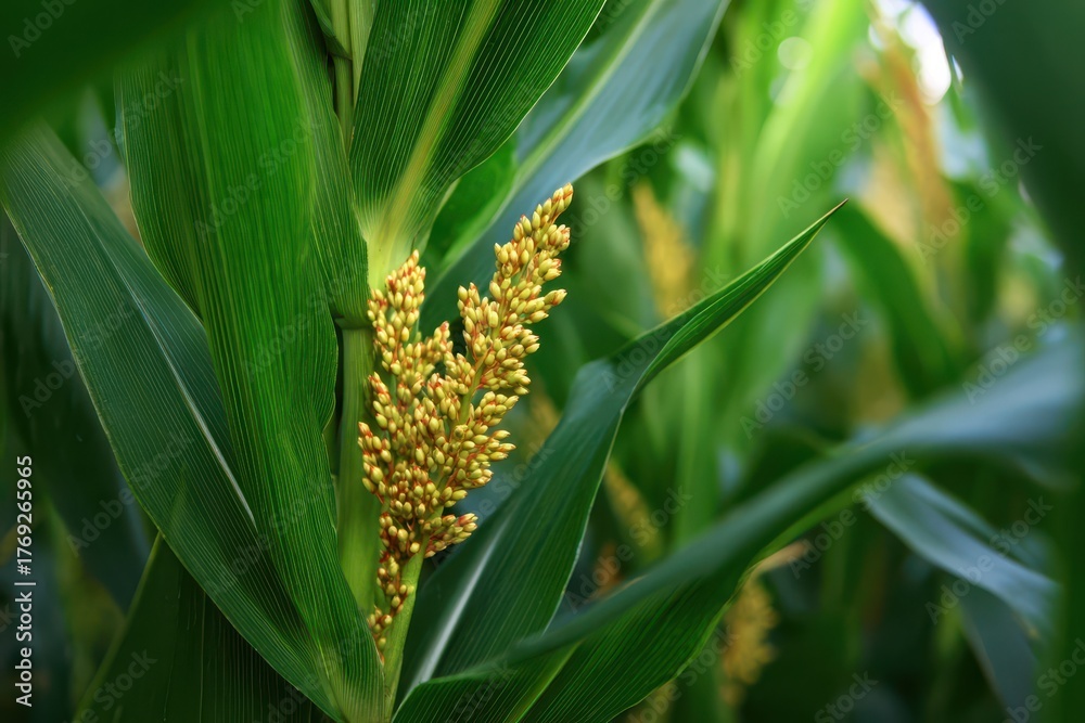 Fototapeta premium Iowa Cornfield. Tasseling Corn in Lush Green Crop Field