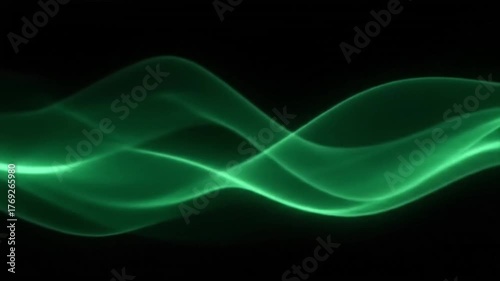 Abstract flowing green light waves creating a smooth, elegant pattern on a black background.