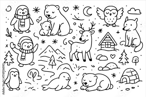 Hand-drawn doodle vector collection of Winter Animals, designed in a fun and cozy ink-pen doodle style, isolated on white background, Ideal for Both Digital and Print Use

