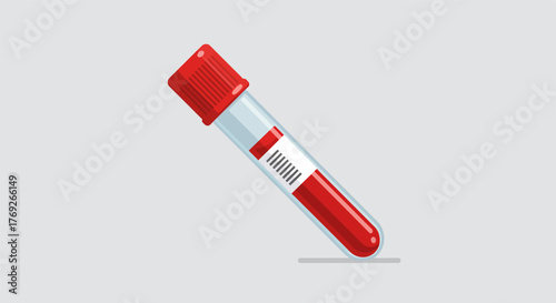 A test tube partially filled with a red liquid sealed with a red stopper resting on a gray surface