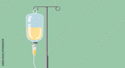 An IV drip with a yellow liquid hanging from a metal stand against a green background