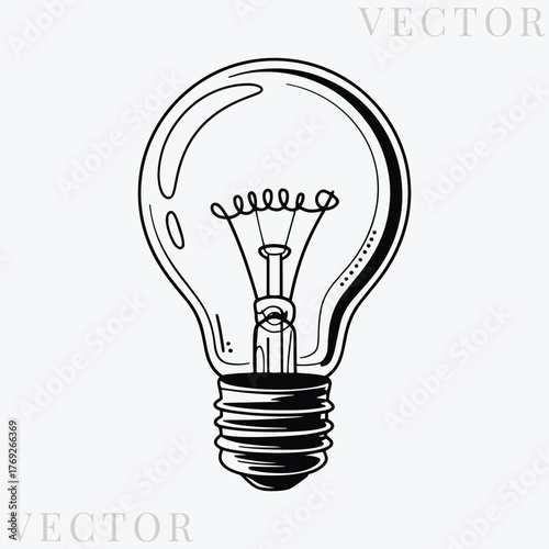 Black and white light bulb line art with visible filament vector design