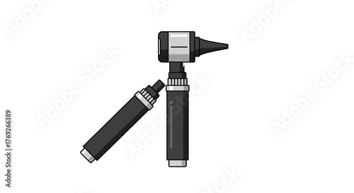 An otoscope sits upright with a separate handle laid horizontally