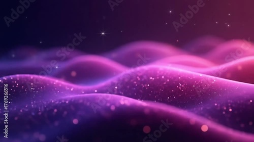 Flowing purple and pink waves of light with sparkling glitter particles on a dark background.