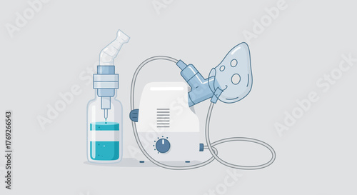 Nebulizer machine with mask liquid medication and tubing on a light gray background