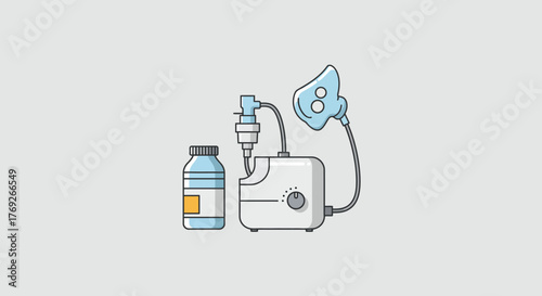 Nebulizer machine medicine bottle and mask on a light gray surface