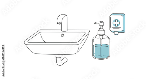 Sink soap dispenser and hand sanitizer against a white backdrop