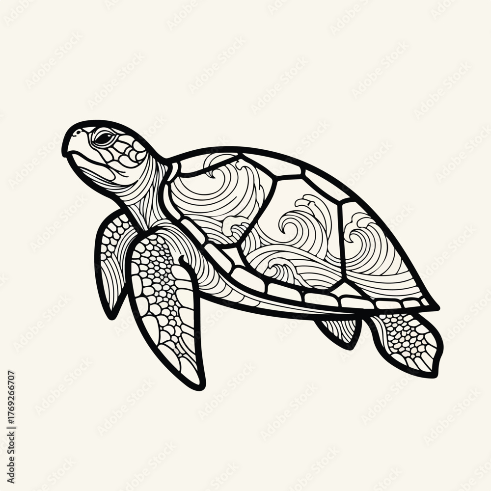 Fototapeta premium Delicate Line Art Illustration of a Sea Turtle with Intricate Wave Patterns on its Shell, Featuring Detailed Organic Designs and Flowing Lines, Perfect for Nature and Wildlife Art