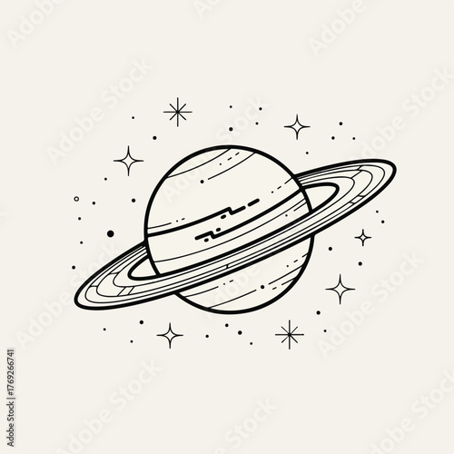 A minimalist line art illustration of Saturn with its rings and surrounding stars, evoking a sense of cosmic wonder and simple elegance for artistic and design purposes