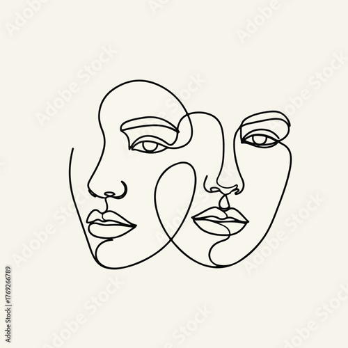 Two abstract faces drawn with a single continuous line, representing human connection, individuality, and modern minimalist art with a delicate touch