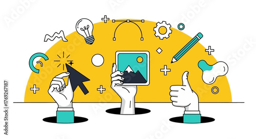 Creative Design Process Hands Interacting with Digital Graphics and Icons in a Modern Illustration