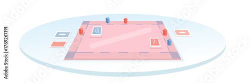 Board game setup with pink playing field, red and blue house tokens, and colored cards on round table. Minimalist style with soft pastel colors and clean composition. Flat cartoon vector illustration.