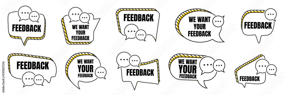 Naklejka premium Feedback bubble collection with text and chat symbols. Speech quote shapes for survey, communication or response topics