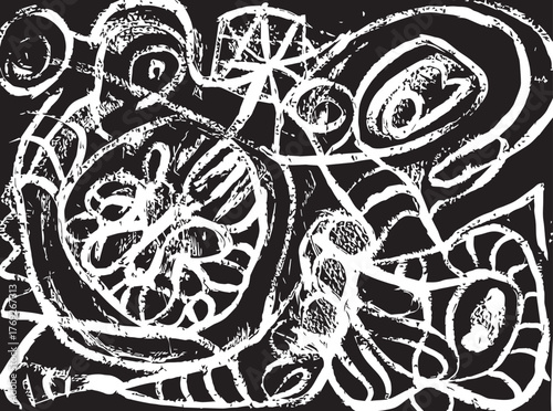 Bold abstract artwork showcasing intricate patterns and shapes on a black background for visual stimulation and creativity