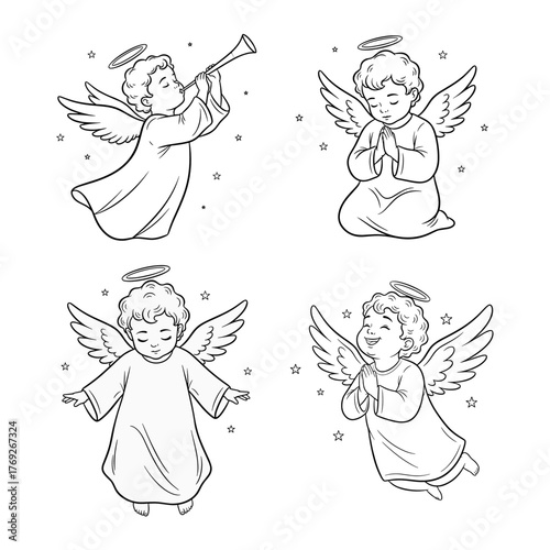 Fototapeta Black and white line art cute baby angels illustration set with different poses,