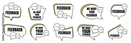 Feedback bubble collection with text and chat symbols. Speech quote shapes for survey, communication or response topics