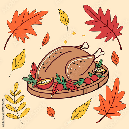 Festive thanksgiving turkey on a platter surrounded by colorful autumn leaves and sparkling stars above