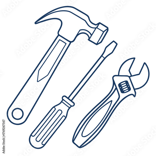 Illustration of a hammer, a screwdriver, and an adjustable wrench in a line drawing style design