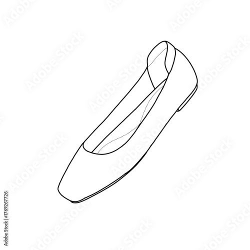 Detailed line art illustration of a square-toe ballet flat, showcasing its sleek design and classic silhouette. Isolated on a white background