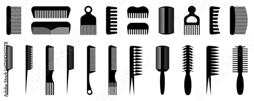 Comb icon collection with various shapes and teeth styles. Hairdressing and grooming tools set suitable for beauty and salon