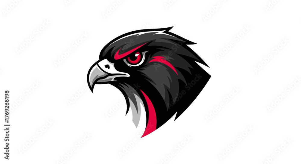 Fototapeta premium Illustration of a black and red hawk head with a white background.