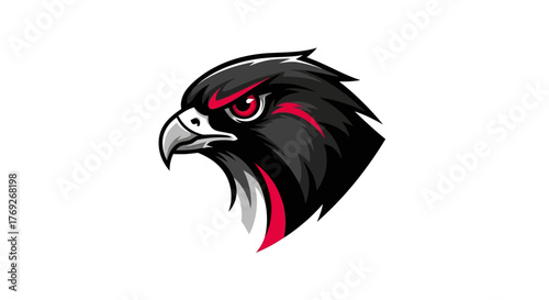 Illustration of a black and red hawk head with a white background.