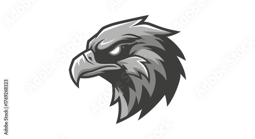 A fierce eagle head mascot shown in a monochrome graphic illustration style on a white background.