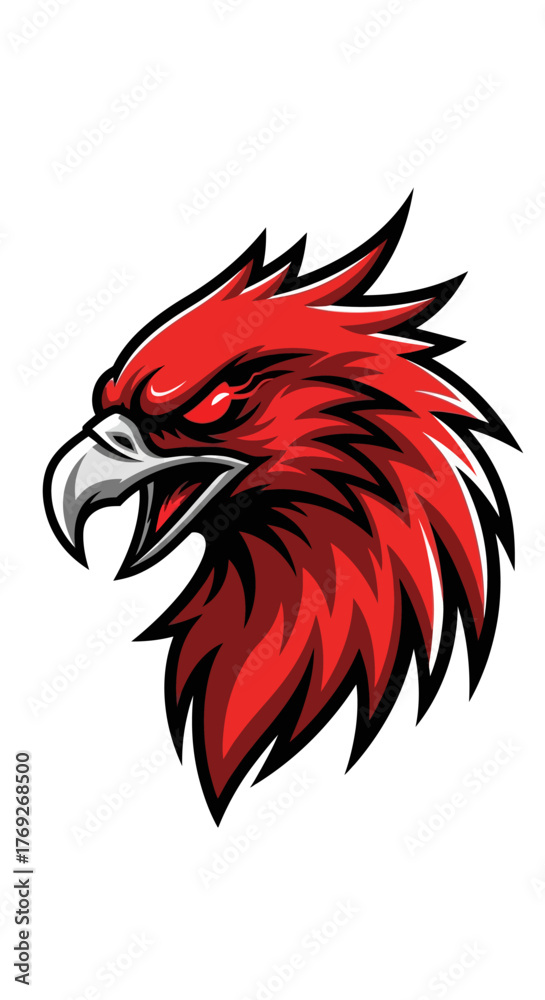 Obraz premium A fierce red eagle head with sharp eyes and a hooked beak, depicted in a stylized graphic art.