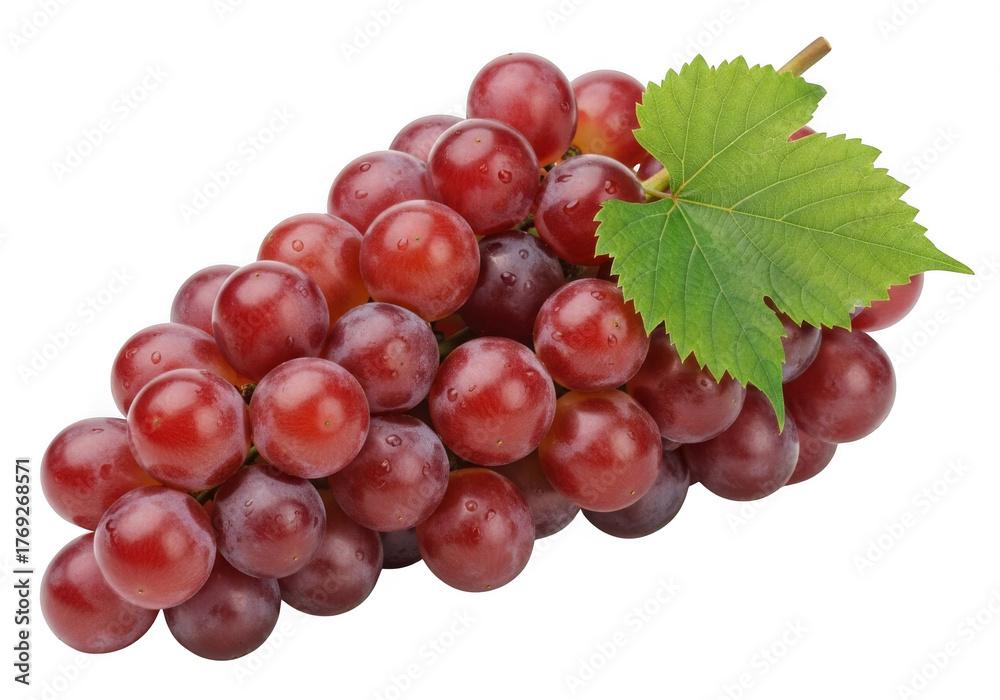 Fototapeta premium Ripe red grapes with a green leaf isolated on a plain background for healthy eating and freshness isolated on transparent background