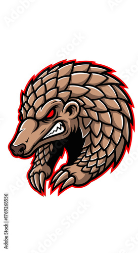 A fierce cartoon illustration of a pangolin with sharp claws and glowing red eyes, showcasing its protective scales.
