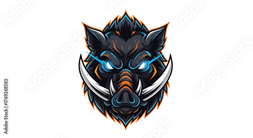 Fierce wild boar head mascot with glowing blue eyes and sharp tusks, isolated on a white background.