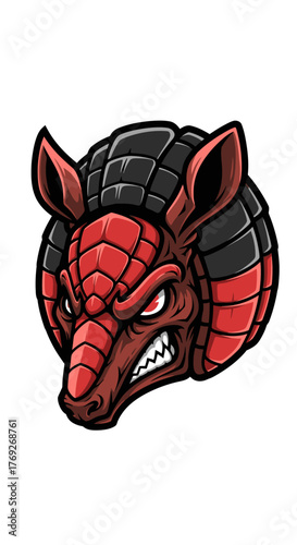 Fierce red and black armadillo mascot head illustration on a white background.