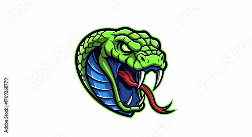 Illustration of a green and blue cobra with its mouth open and tongue sticking out on a white background.