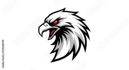 A detailed illustration of an eagle's head, showcasing sharp features and intense gaze, with a white background.