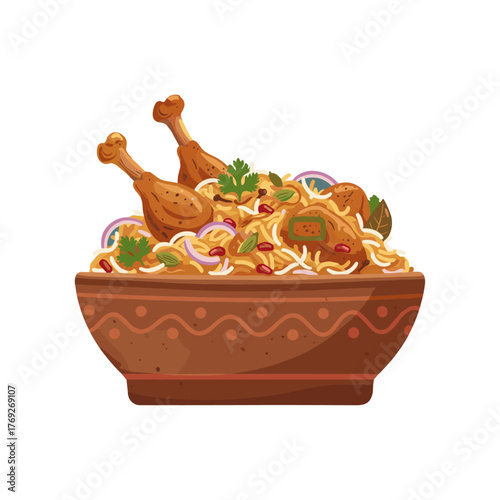 Chicken biryani, Desi  cuisine icon logo flat vector design