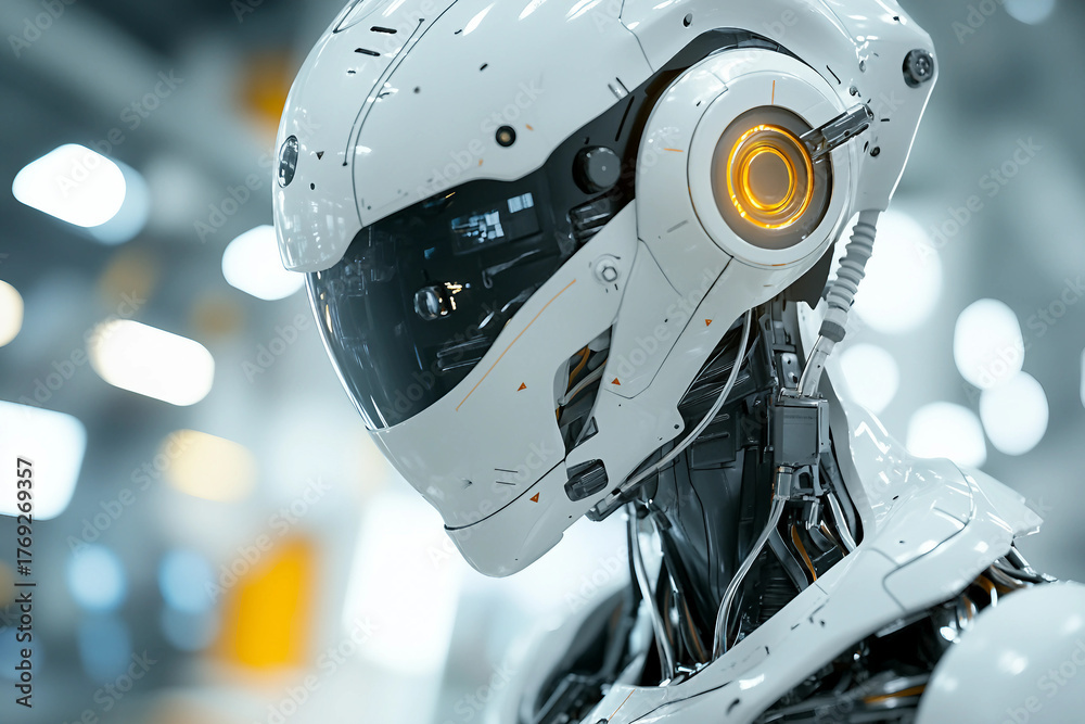 Fototapeta premium Advanced Humanoid Robot with Transparent Helmet and Futuristic Mechanical Design Generative AI