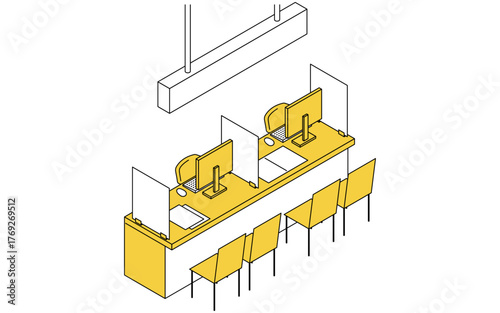 役所や銀行などにあるパーテーションで区切られた受付相談カウンターのシンプルな線画アイソメトリックイラスト