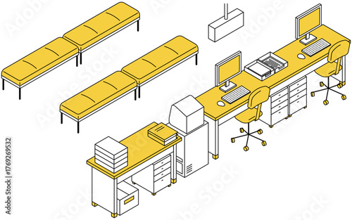 パソコンと書類の並んだ受付カウンターと待合ベンチの並ぶシンプルな線画アイソメトリックイラスト