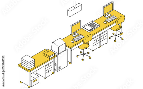 パソコンと書類の並んだ受付カウンターのシンプルな線画アイソメトリックイラスト