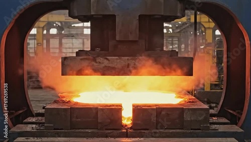 Molten Metal Forging: Industrial scene showcasing the powerful forging process where molten metal is shaped with precision under immense pressure, with heat and glow.