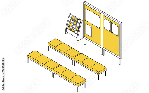 ビラの貼られたパーテーションとチラシスタンドのある待合スペースのシンプルな線画アイソメトリックイラスト