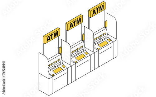 3台並んだATMコーナーのシンプルな線画アイソメトリックイラスト
