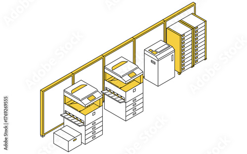 パーテーションで区切られたオフィスのコピー室のシンプルな線画アイソメトリックイラスト
