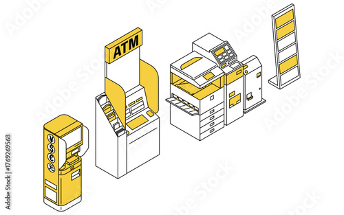 コンビニのマルチコピー機とコンビニATMや両替機のシンプルな線画アイソメトリックイラスト