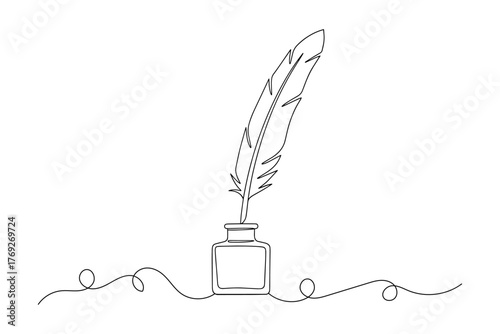 feather pen and ink,
Single Line Quill in Inkwell Drawing,
Elegant Continuous Line Art Symbolizing Writing, Simplicity, and Reflection