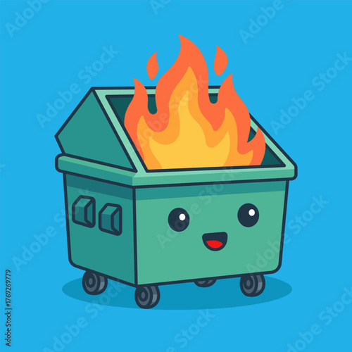 Cartoon Dumpster Fire Green Metal Burning on Blue Background