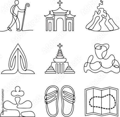 A continuous line art icon set for travel or pilgrimage, featuring a hiker, temple, volcano, foldable map, and sandals