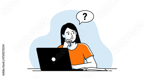 Woman Contemplating with Question Mark and Laptop - Seeking Answers Online