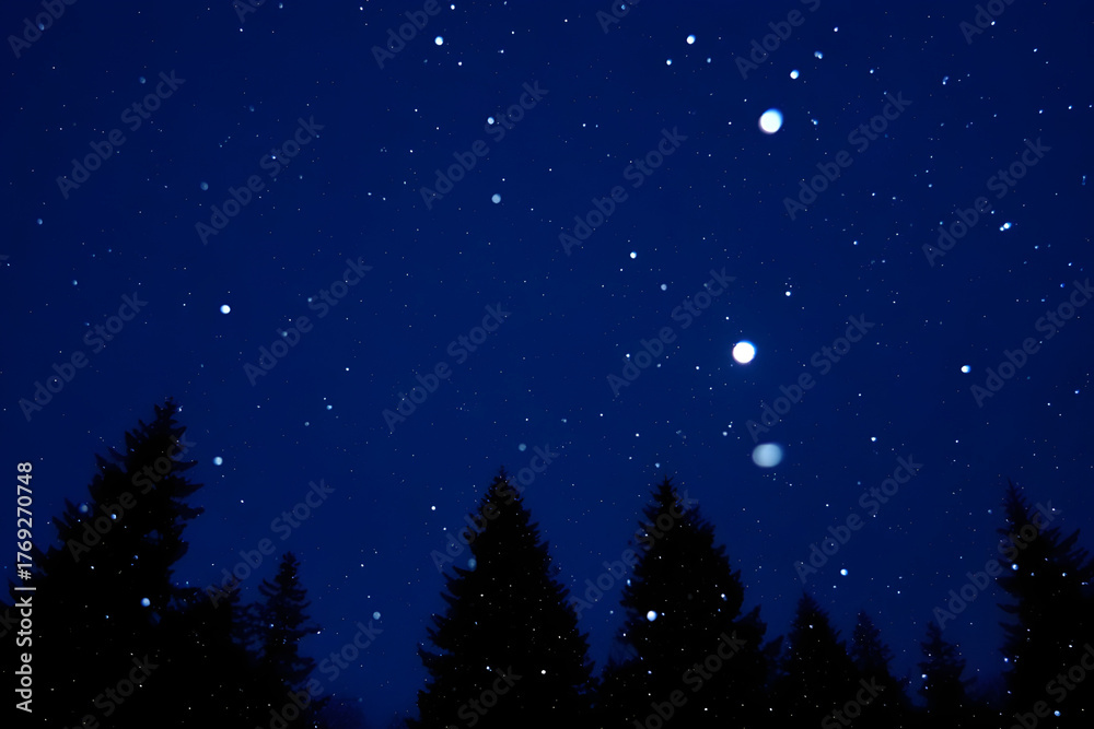 Fototapeta premium Night-Sky Christmas Background Silhouette Fir Trees Snow Falling