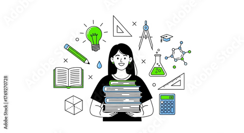 Education and Learning Knowledgeable Woman with Books and School Supplies